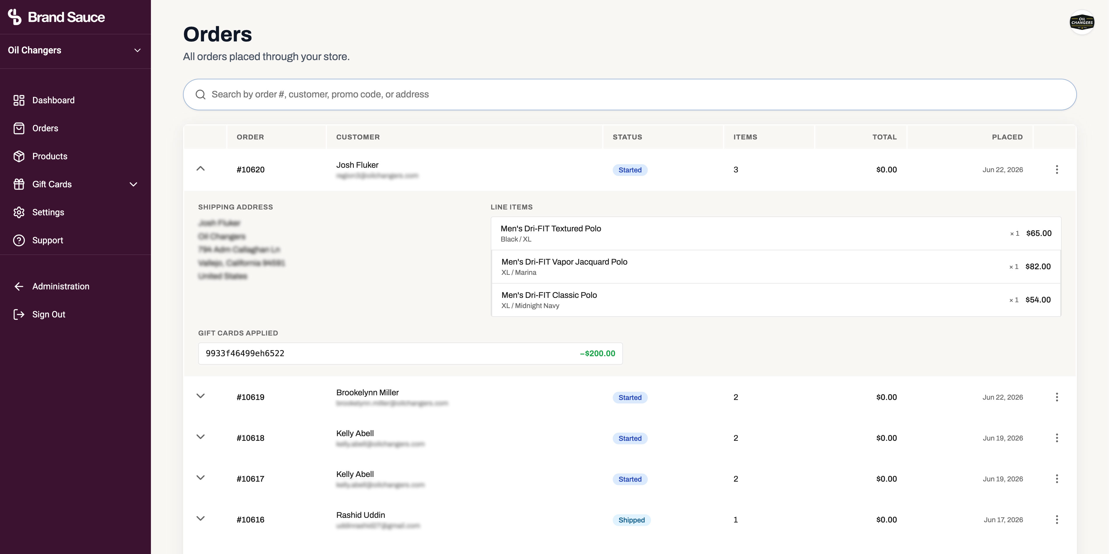 Orders dashboard with expanded order details