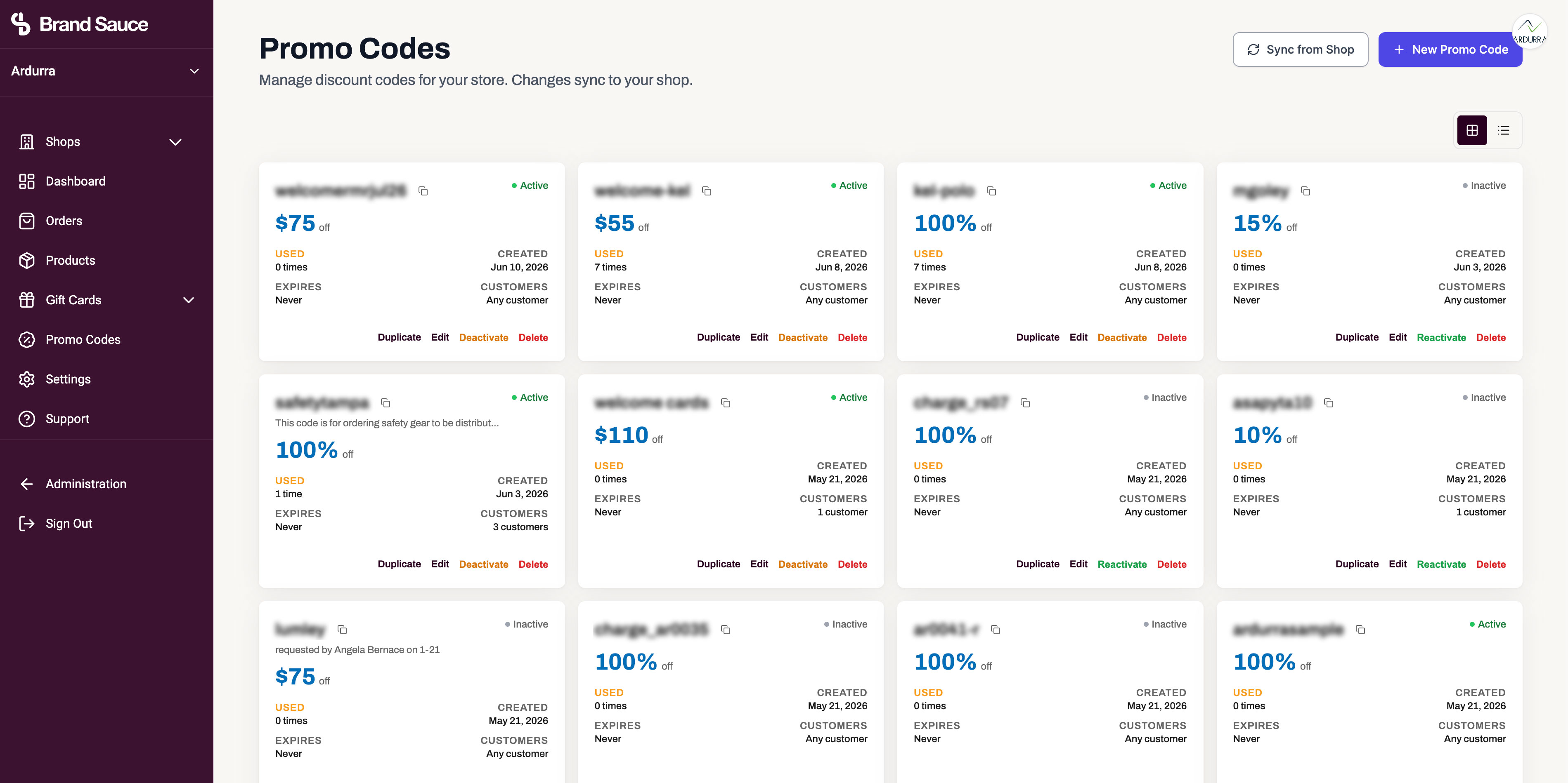 Promo codes dashboard