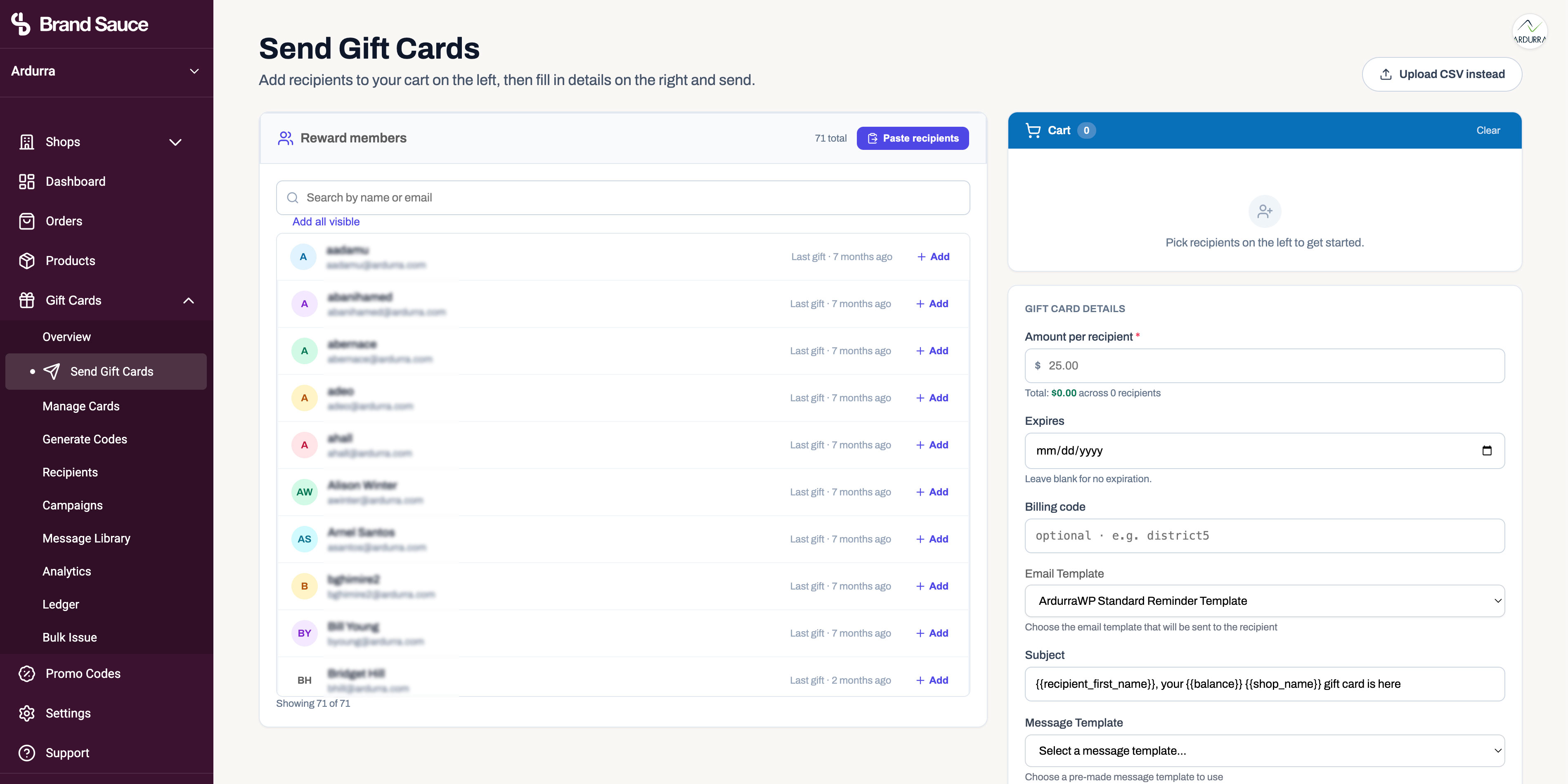 Send gift cards dashboard