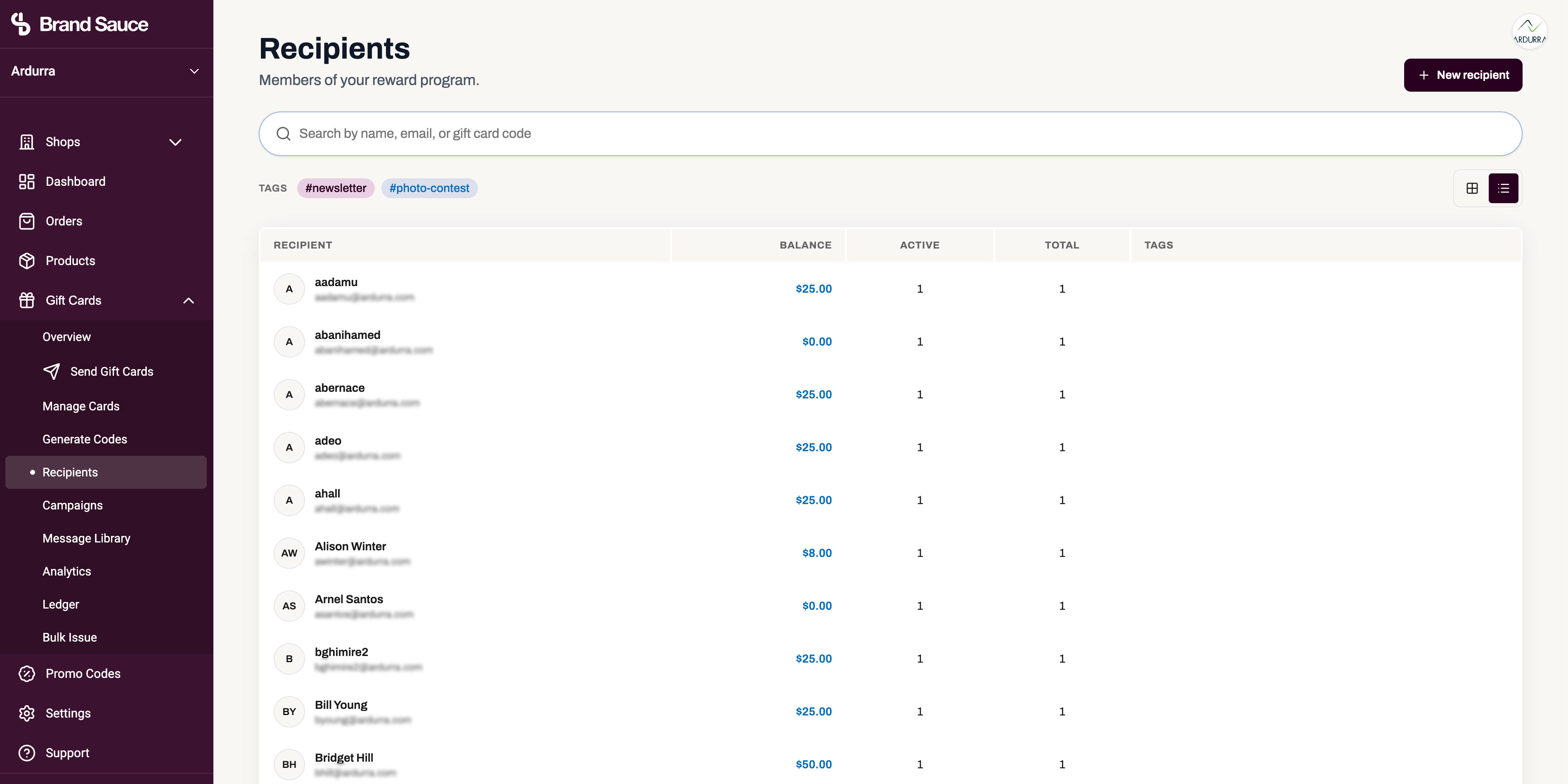Recipients dashboard