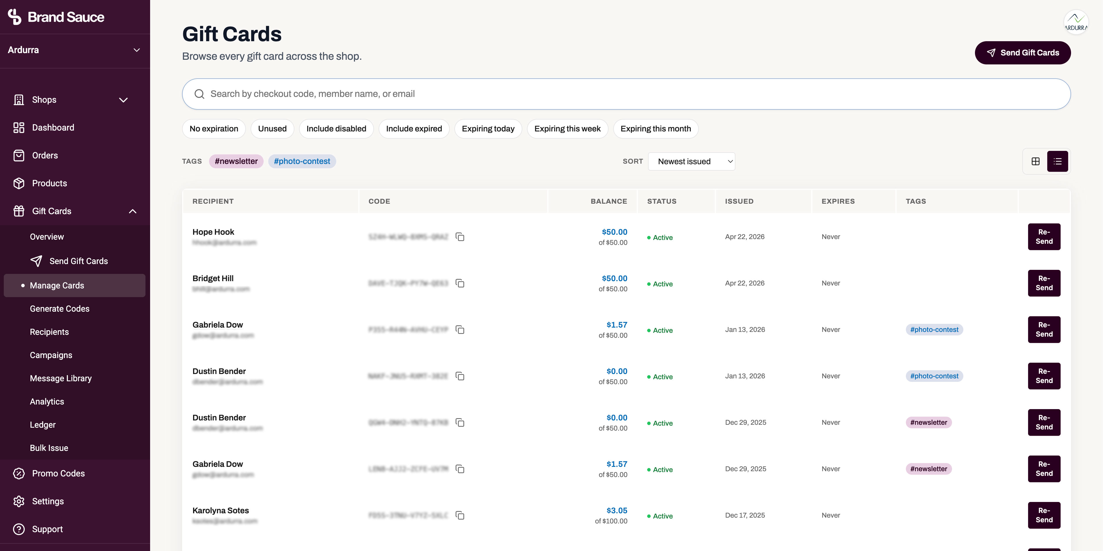 Gift card ledger dashboard